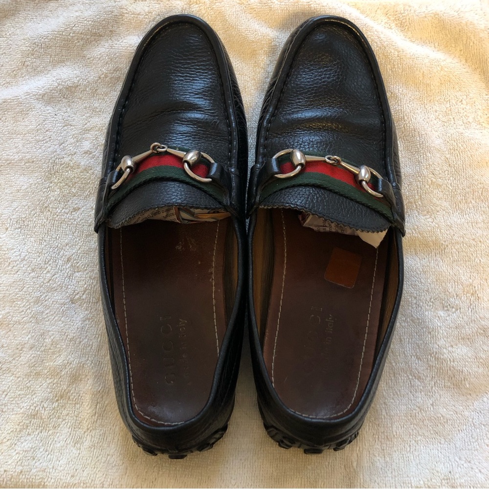 Gucci Black Leather Horsebit Loafers with Green and Red Web